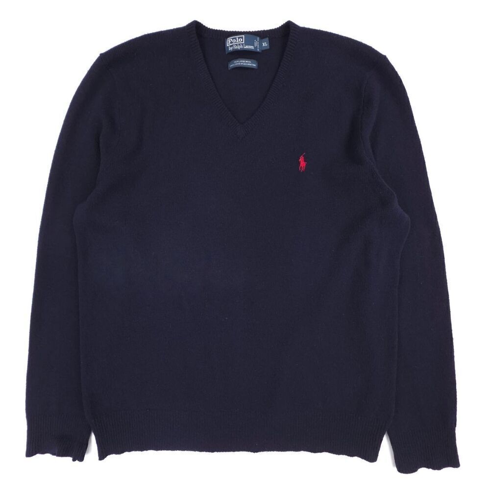 POLO Ralph Lauren Lambswool V-Neck Sweater Navy Old Money Quiet Luxury Preppy XL